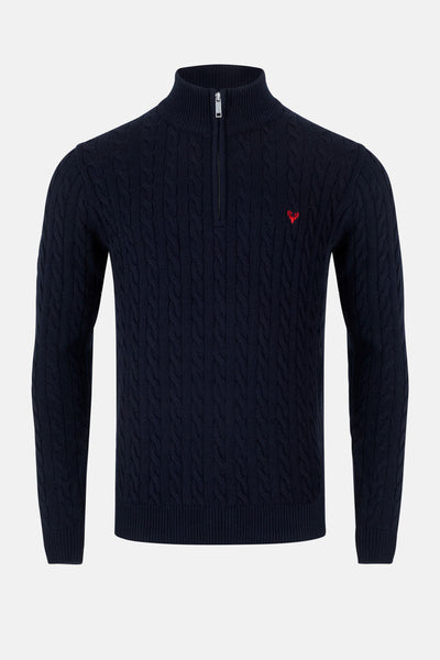 Men’s Island Cable Knit ¼ Zip Jumper – Navy - Paraffin Store