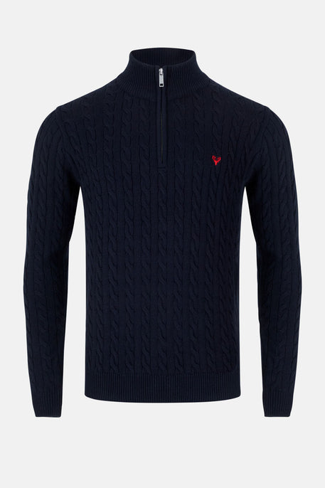 Men’s Island Cable Knit ¼ Zip Jumper – Navy - Paraffin Store